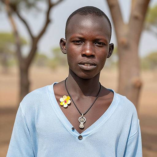 Photograph of a young, dark-skinned African man with a close-cropped haircut, wearing a light blue V-neck shirt, and two flower and