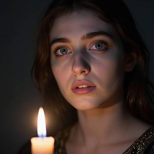 Photograph of a young woman with fair skin, blue eyes, and brown hair, illuminated by a single lit candle in a dark background. Her expression