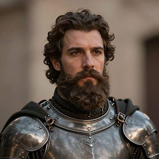 Photograph of a serious, bearded, curly-haired man in medieval silver armor with a detailed chest plate, standing against a blurred stone background.