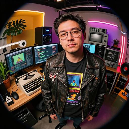 Photograph of an Asian man with short black hair, glasses, black leather jacket, and graphic t-shirt, standing in a brightly lit, tech-filled