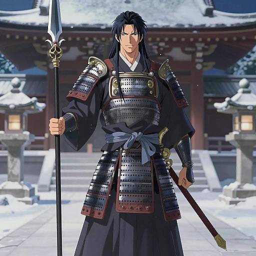 Anime Samurai at Snowy Shrine