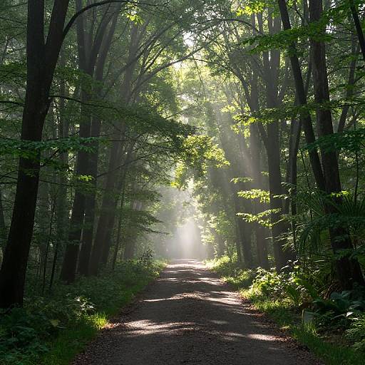 Photograph of a sunlit forest path, tall trees with dense green leaves, sunlight filtering through, creating a serene, dappled light effect on