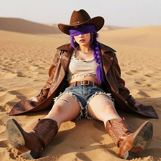 Purple-haired woman in cowboy outfit blindfolded in desert