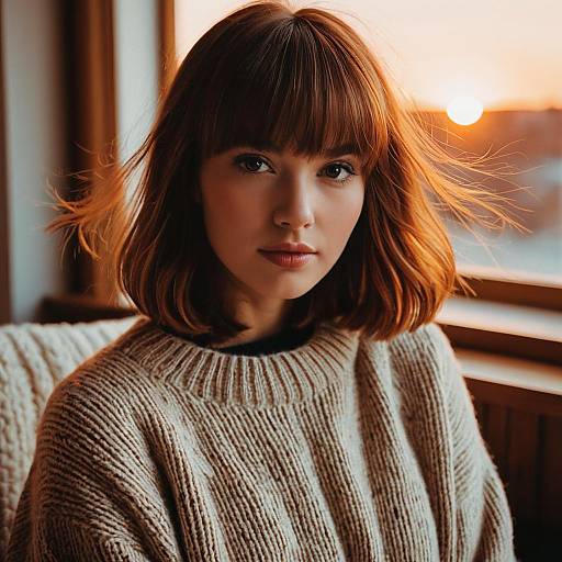 Woman with Blended Bangs and Cozy Sweater at Sunset