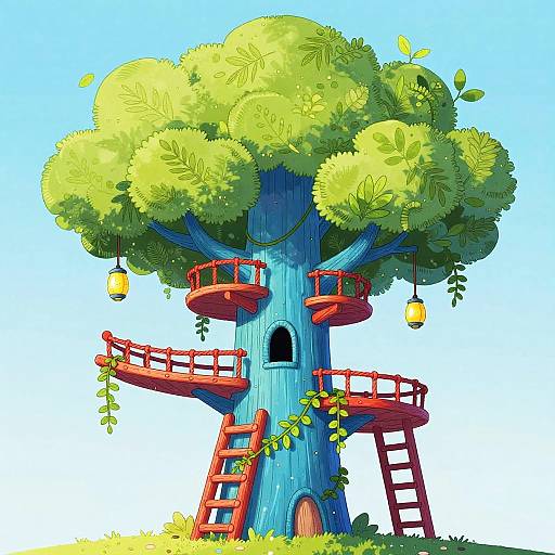 Colorful Playful Tree Fort Illustration