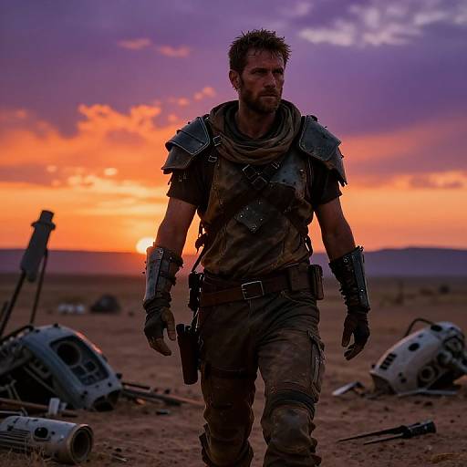 Photograph of a rugged, bearded man in armored vest and gloves, standing in a desert at sunset with damaged robots scattered around. Vibrant orange