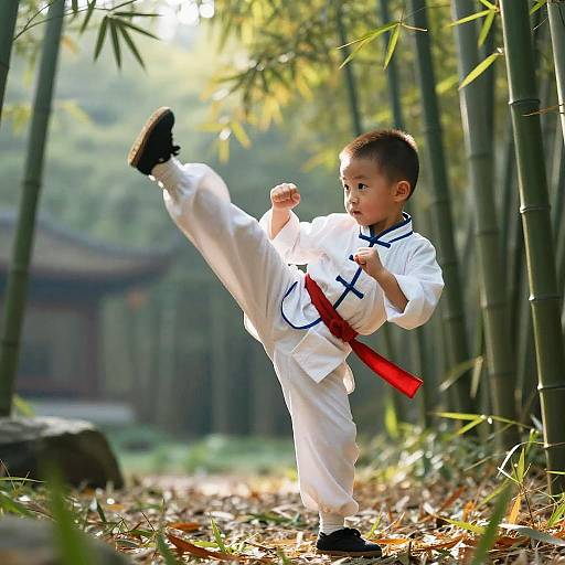 Young Asian boy in white karate gi with red belt, performing high kick in sunlit bamboo forest, surrounded by greenery. Photograph.