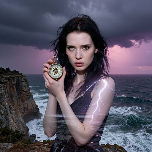 Photograph of a pale-skinned, dark-haired woman holding a compass, lightning illuminating her arm, stormy sea and cliffs in background.