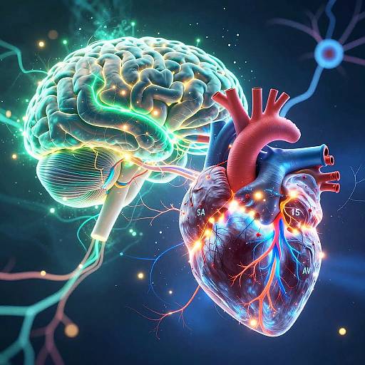 Digital artwork of a glowing brain transmitting electric currents to a brightly illuminated heart with colorful veins and arteries against a dark blue background.