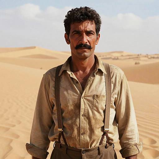 Photograph of a middle-aged Indian man with dark curly hair and a mustache, wearing a dusty beige shirt and brown suspenders, standing in a