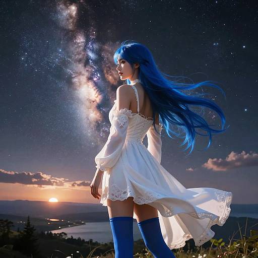 Photograph-style digital art of a woman with long blue hair, white off-shoulder dress, blue thigh-high boots, standing against a starry