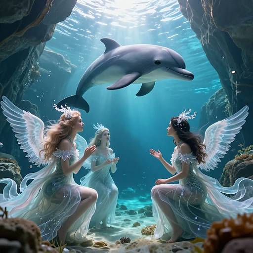 Digital fantasy artwork of three angelic women with white wings kneeling underwater, surrounded by sunlight, facing a dolphin above a rocky cave.