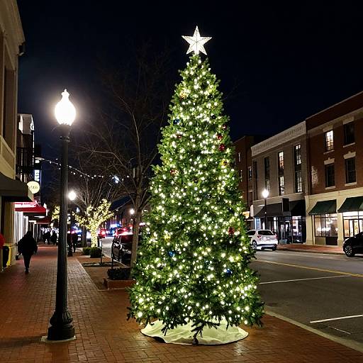 Photograph of a brightly lit, green Christmas tree with a white star topper, standing on a brick-paved downtown street at night.