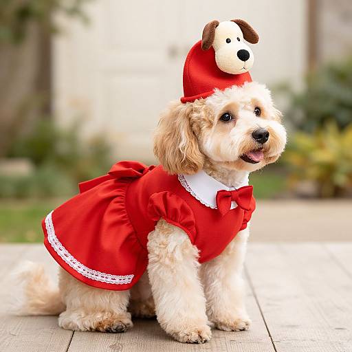 Cute fluffy beige puppy in a red dress with a matching hat and bow, standing outdoors on a wooden deck.