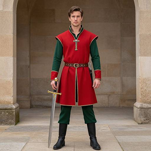 Photograph of a muscular, handsome man in medieval red and green knight armor, holding a sword, standing in a stone archway.