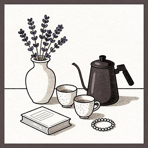 Ink Line Art Still Life with Lavender and Coffee