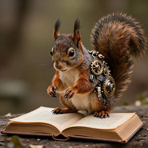 Photograph of a cute, brown, bushy-tailed squirrel with gear-adorned back, sitting on an open book, in a blurred forest