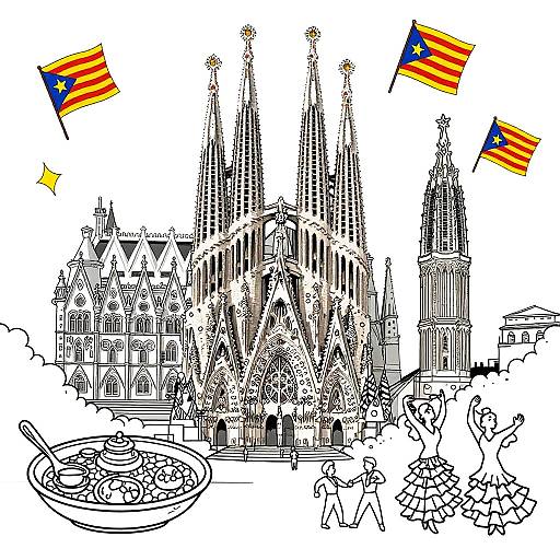 Black-and-white line drawing of a Gothic cathedral with American flags, people, a bowl of food, and playful children in foreground.