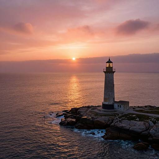 Photograph of a solitary lighthouse on rocky shore during a vibrant sunset, with orange and pink hues reflecting on the calm ocean.