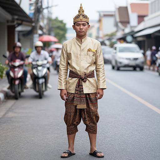 Photograph of a young boy in traditional Southeast Asian attire, standing on a busy street, wearing a gold shirt, brown patterned pants, and black