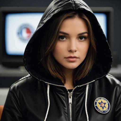 Young Woman in Black Hoodie with Badge