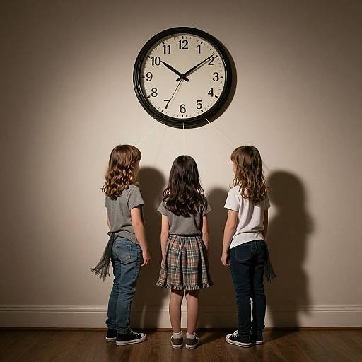 Photograph of three young girls with long hair, facing a wall clock, standing in a dimly lit room, wearing casual clothes. Shadows cast on
