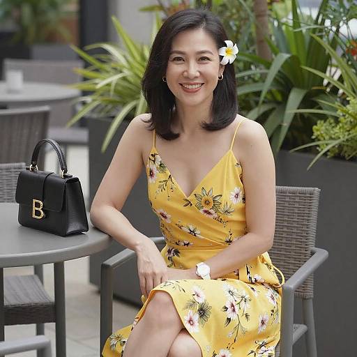 Photograph of a smiling Asian woman with shoulder-length black hair, wearing a yellow floral dress, sitting outdoors with a black B handbag.