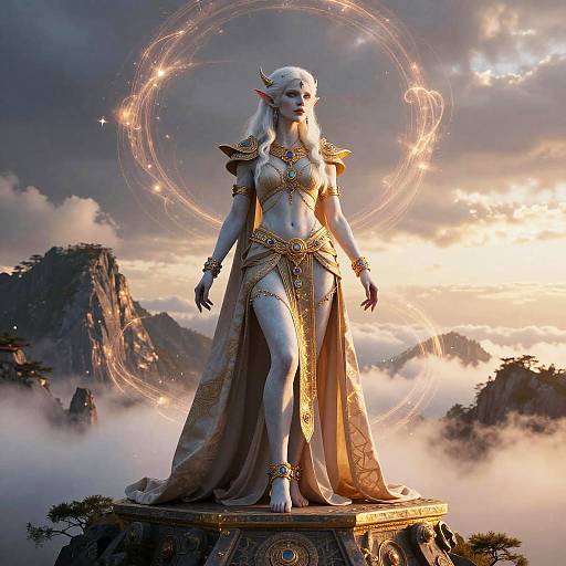 Digital art: Ethereal, white-skinned elven woman with long silver hair, golden armor, and flowing robe, stands on a mountain peak,