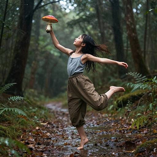 Photograph of a barefoot, dark-haired girl in a blue tank top and brown pants, joyfully reaching for a red mushroom in a misty