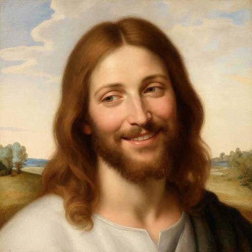 Photorealistic digital artwork of Jesus Christ with long brown hair, beard, smiling, wearing a white tunic, against a cloudy sky and rural landscape