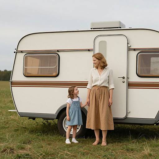 Photograph of a woman with blonde hair in a white blouse and brown skirt, and a young girl in a blue dress standing in front of a white