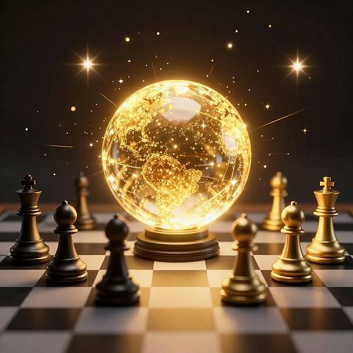 Photorealistic CGI of a glowing, golden Earth orb on a black-and-white chessboard, surrounded by black and gold chess pieces, with sparkling stars