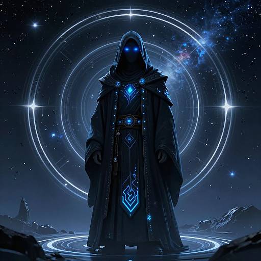Digital art of a hooded, glowing blue-eyed figure in a dark, ornate robe, standing in a circular neon halo against a starry,