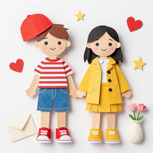Digital illustration of a cute, cartoon-style boy and girl holding hands, wearing red cap, striped shirt, blue shorts; yellow coat, black hair,
