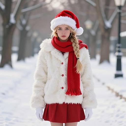 Young Woman in Festive Winter Outfit in Snowy Park