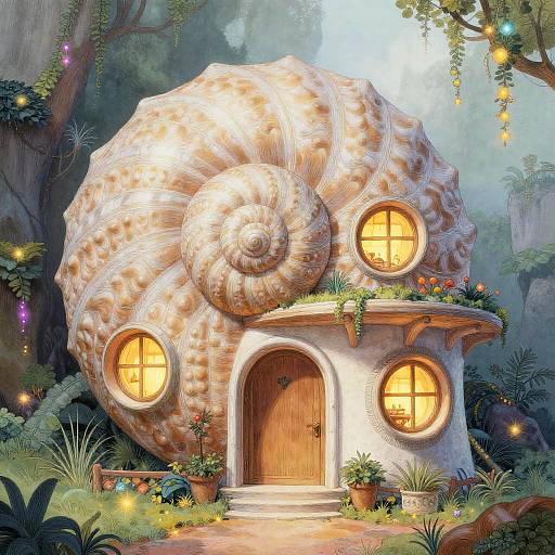 Whimsical, shell-shaped fairy cottage with glowing circular windows, wooden door, lush greenery, and twinkling fairy lights in a misty forest