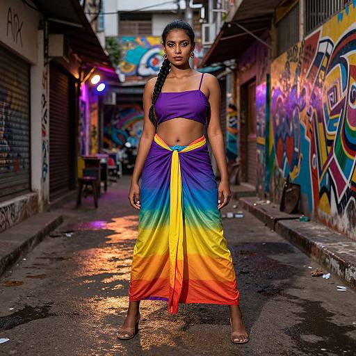 Confident South Asian Woman in Vibrant Alley