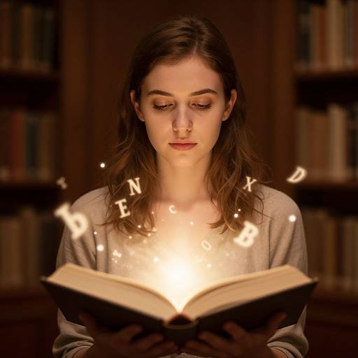 Photograph of a young woman with brown hair, closed eyes, and glowing book, surrounded by magical letters in a dim library.