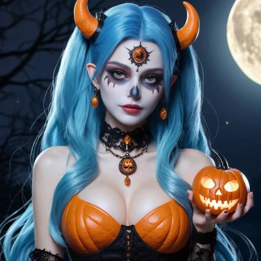 Blue-Haired Woman in Halloween Demon Costume Holding Jack-O'-Lantern