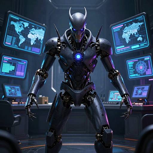 CGI image of a menacing, black, glowing-blue robotic humanoid with horns, standing in a high-tech control room with multiple holographic screens displaying world