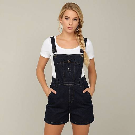 Blonde woman with braided hair, wearing white t-shirt and black denim overalls, hands in pockets, standing against plain white background. Photographic
