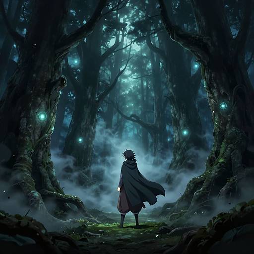 Digital fantasy artwork of a lone, cloaked figure standing in a mystical, blue-lit forest with glowing fireflies and ethereal mist.
