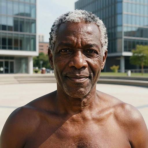 Photograph of a shirtless, middle-aged Black man with short, curly gray hair and deep brown skin, smiling in front of modern glass buildings on
