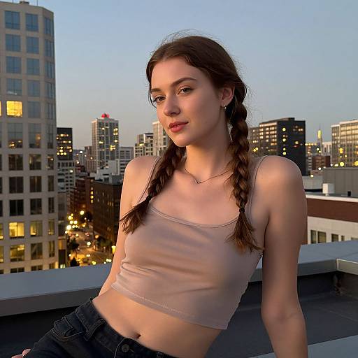 Relaxed Woman on Rooftop at Dusk