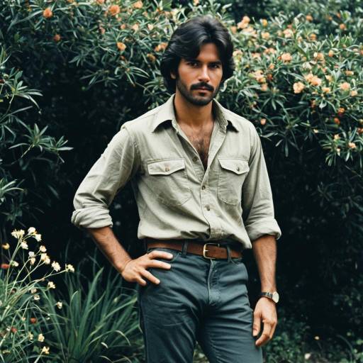 Rugged man in casual 70s outfit outdoors