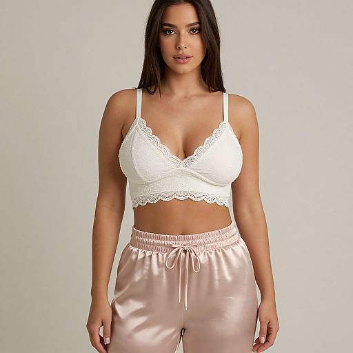 Photograph of a young woman with long brown hair, wearing a white lace bralette and pink satin pajama pants, standing against a plain white background