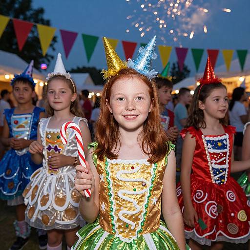 Photograph of a red-haired girl in a gold sequin dress and blue horn, holding a candy cane, at a colorful evening party with fireworks and