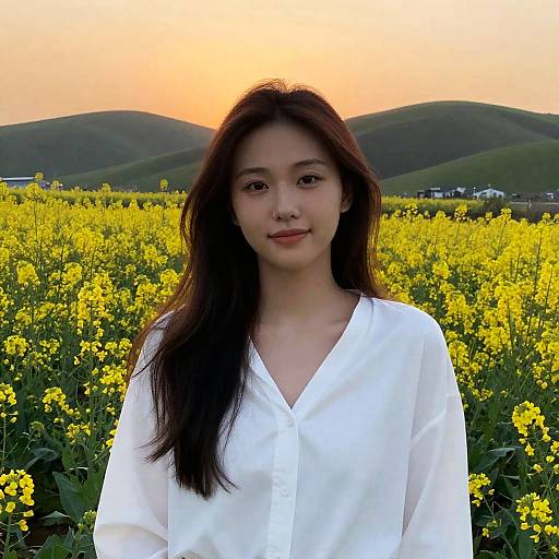 Young Woman in Yellow Wildflower Field