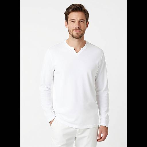 Photograph of a handsome, bearded man with short brown hair, wearing a plain white V-neck long-sleeve shirt and white pants, standing