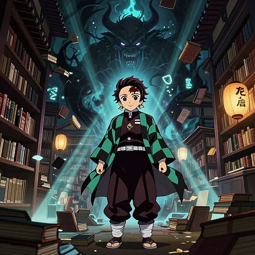 Anime-style digital illustration of a young boy with dark hair, wearing a green-black checkered coat, standing in a library under blue beams, with floating